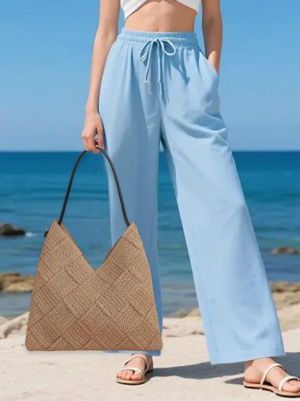 Women's Straw Hobo Tote Bag Handmade Summer Beach Purse Woven Shoulder Handbag 2 - Picture 3 of 6